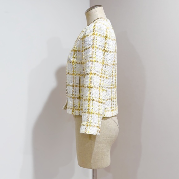 Cabi Coco Style #6256 Yellow Cream White Tweed Plaid Crop Blazer Jacket Size S - Picture 5 of 14